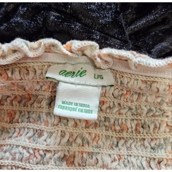 AE Aerie Micro Floral Puff Sleeve Cropped Blouse Smocked Square Neck Large - Picture 8 of 9